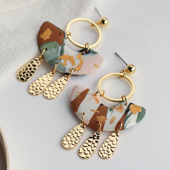 Polymer Clay Gold Flecked Metal Tassel Boho Gold Earrings - Picture 2 of 6